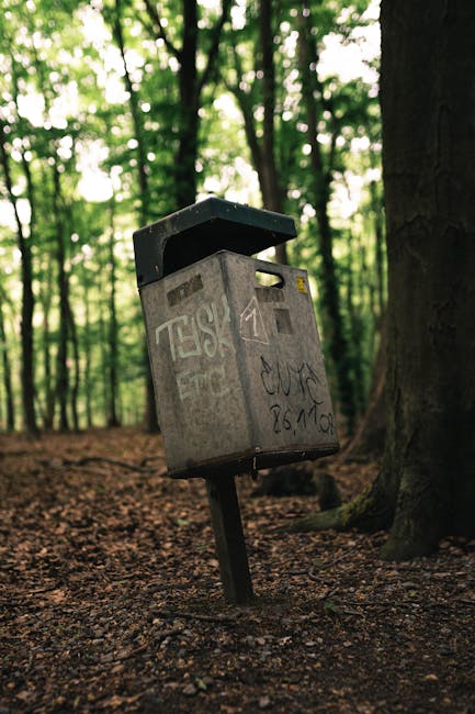 A weathered grey metal mailbox with a black hinged lid, mounted on a tilted black post partially embedded in the ground, situated in a wooded area with dense green foliage in the background. The mailbox's surface shows signs of graffiti and dirt, and it is positioned among tall trees with dark trunks and leafy canopies. The ground beneath consists of soil and small wood chips, indicating a forest or park setting. The lighting suggests natural daylight filtering through the tree leaves, creating a soft, diffuse atmosphere. This scene may relate to outdoor waste or rubbish management, possibly indicating an unconventional or neglected spot for private waste handling services like those offered by Rubbish Removal Brixton, though no waste objects are directly visible in the image.